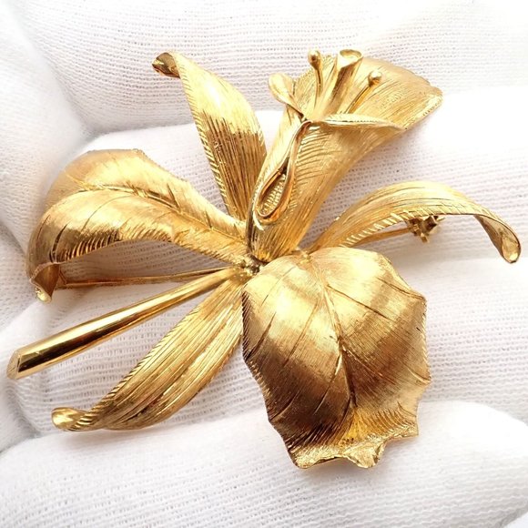 Vintage Tiffany & Co 18k Yellow Gold Large Orchid Calla Lily Pin Brooch 1950s - Picture 7 of 12